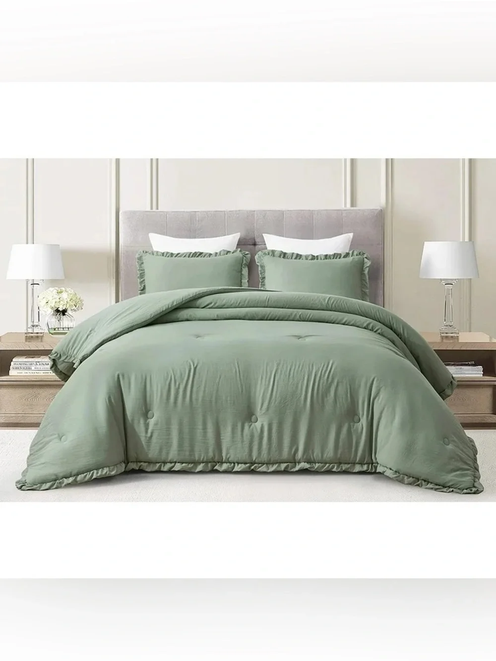 Luxury Sage Green Ruffle Twin 2 piece Comforter Set